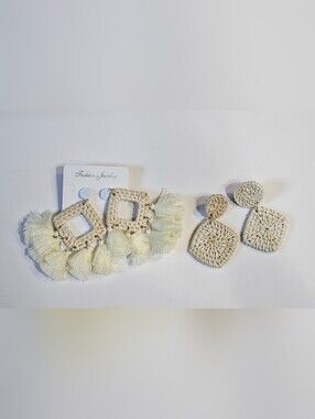 Set Of 2 Cream Woven Earrings